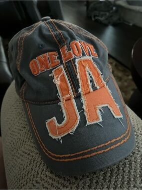 ‘One Love JA' Distressed Baseball Cap - Orange on Gray from COJ Jamaica apparels